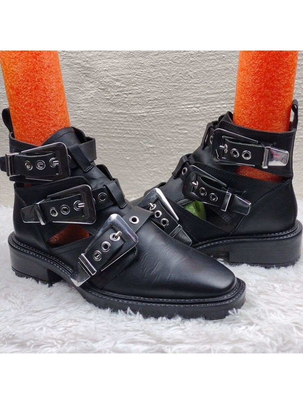 ASOS Design Antidote Black Leather Cut Out Three Buckle Chunky Heel Ankle Boot
